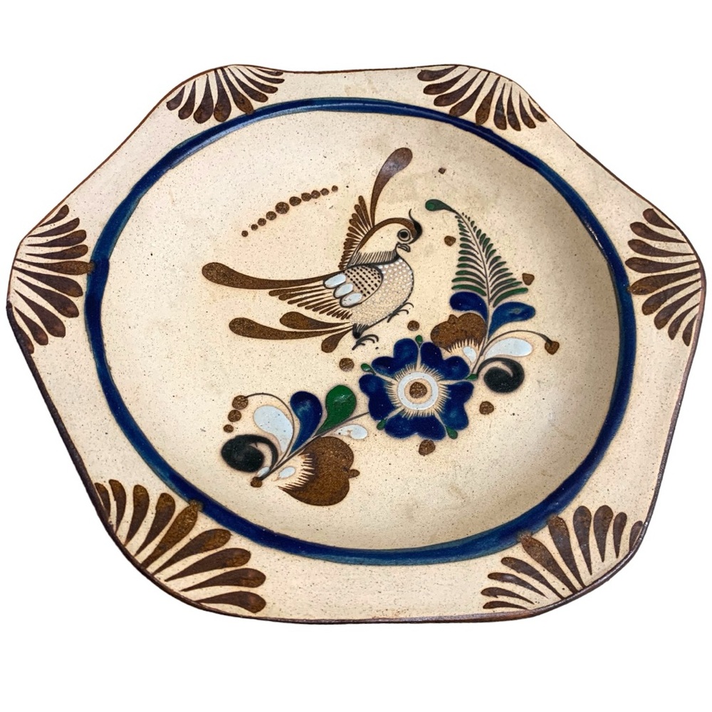 VTG Tonala Mexico Folk Art Bird Flowers Pottery Decor Wall Plate Hexagon Raised